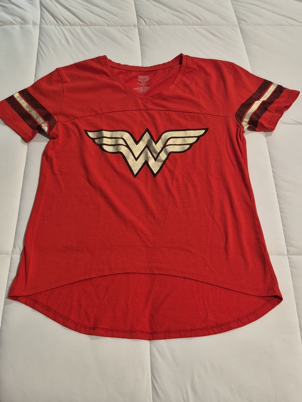 Wonder Woman Metallic Logo Red V-Neck Tee - Women's Short Sleeve Top